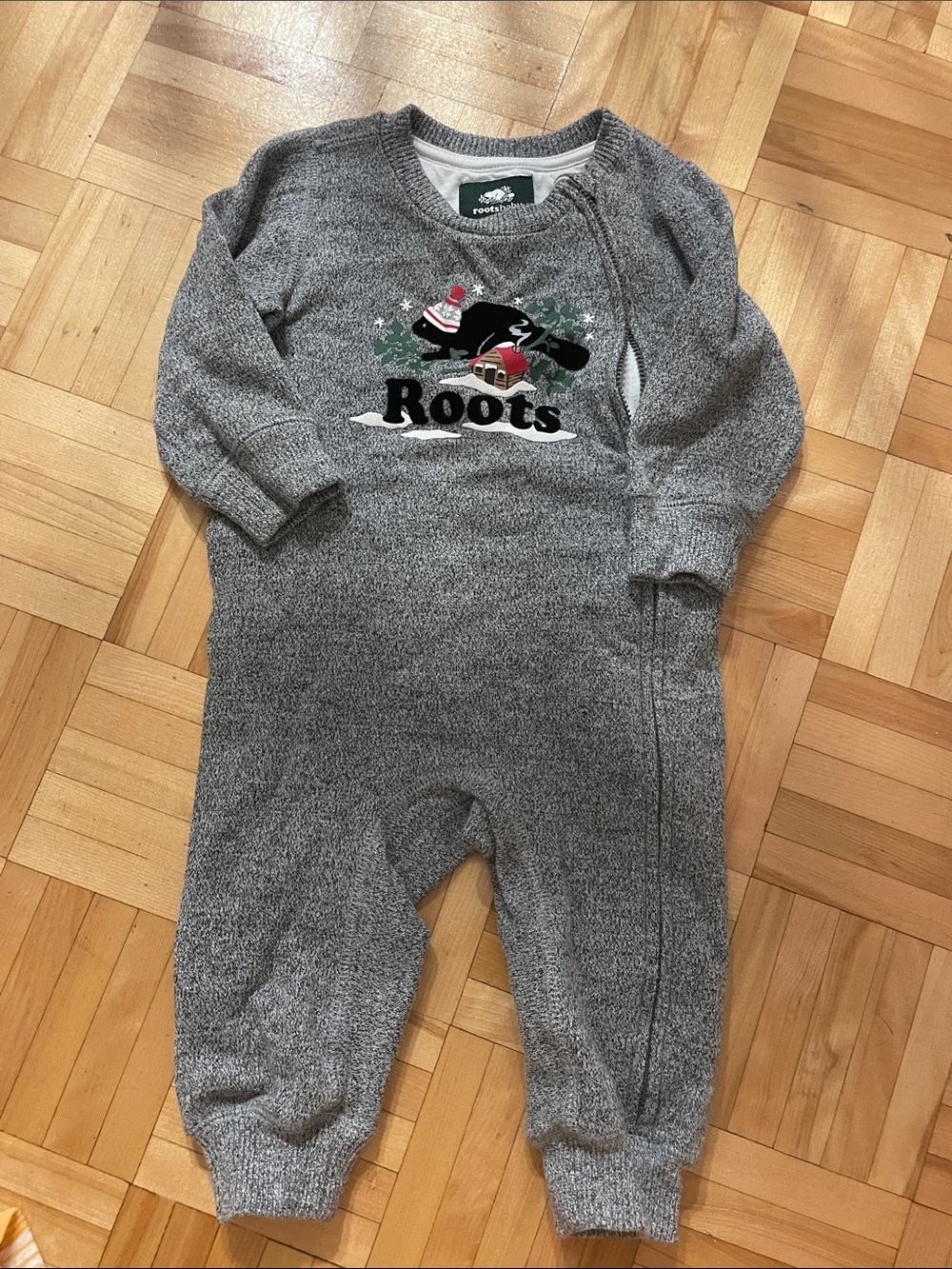 Roots Grey Baby Footed Romper with Graphic